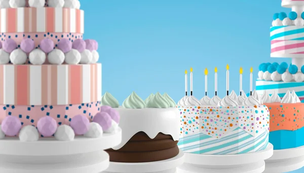 Aniversário Creme Manteiga Diferente Bolos Casamento Com Elementos Coloridos Sobre — Fotografia de Stock