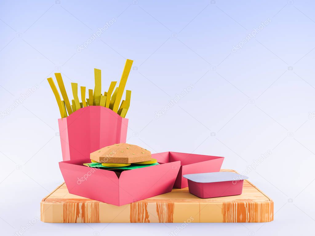 Fast food background concept from cardboard on paper background. Cartoon food product packaging and delivery.