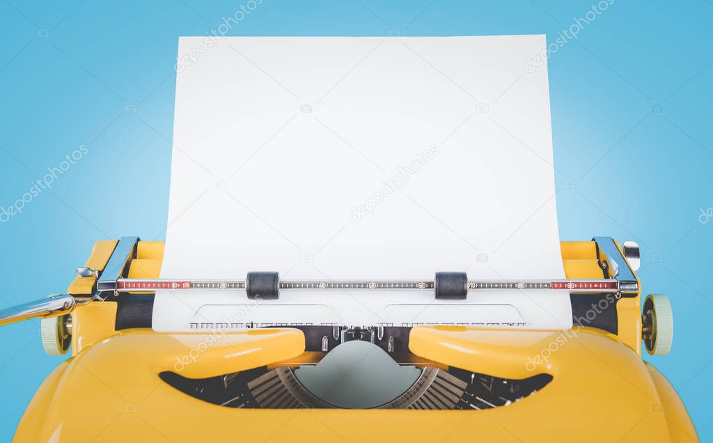 Retro old yellow typewriter with paper on blue background.