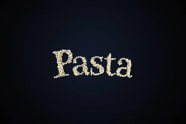 Word pasta made of small pasta and pieces on a dark background. Concept for advertising, studio shooting