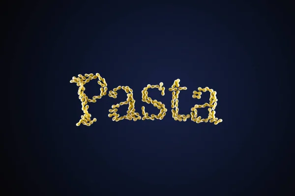 Word pasta made of small pasta and pieces on a dark background. Concept for advertising, studio shooting