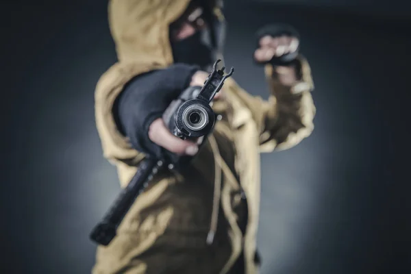 Dangerous Armed Terrorist Mask Machine Gun Dark Background Concept Terrorism — Stock Photo, Image