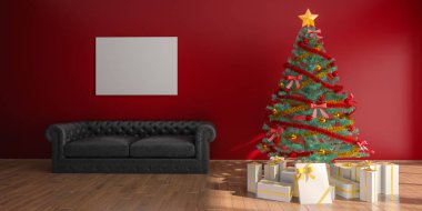 New Year's Eat, hediye kutuları, kanepe, tatil dekorasyon ve boş resim çerçevesi rahat oda ahşap zemin ile olmadan ile Noel iç şablonu kompozisyon. 3D render çizimler