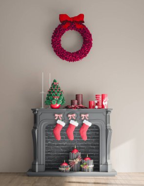 Noel iç şablonu kompozisyon ile şömine, çorap, tatil dekorasyon, çelenk, mumlar. Rahat oda ahşap zemin ile. 3D render çizimler