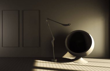 Loft yaşayan iç. Rahat oda kanepe, yastıklar, ahşap zemin, lamba ve boş resim çerçeve olmadan. 3D render illüstrasyonlar arka plan, şablon kompozisyon 3d render