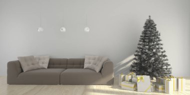 Noel ile yılbaşı Eat, hediye kutuları, kanepe, tatil dekorasyon iç şablonu kompozisyon. Rahat oda ahşap zemin ile. 3D render çizimler