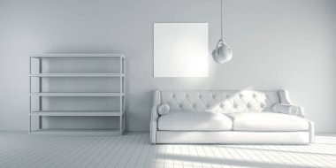 Loft yaşayan iç. Rahat oda kanepe, yastıklar, ahşap zemin ve boş resim çerçeve olmadan. 3D render illüstrasyonlar arka plan, şablon kompozisyon 3d render