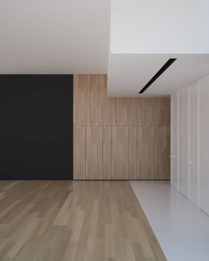 Beyaz duvar ve ahşap zemin 3d Render illüstrasyon şablon kompozisyon modern ışık boş loft Oda
