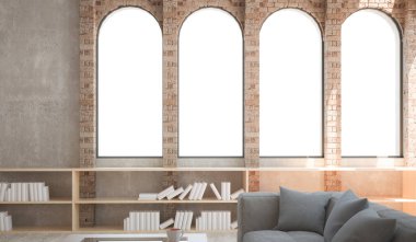 Rahat oturma odası kanepe, kitaplar, büyük yarı yuvarlak windows 3d render illüstrasyon, şablon kompozisyonu ile