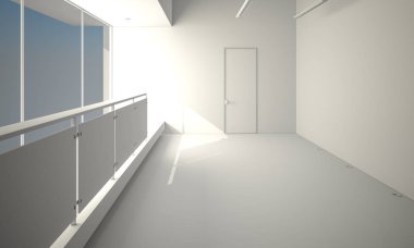Beyaz duvar ve ahşap zemin 3d Render illüstrasyon şablon kompozisyon modern ışık boş loft Oda