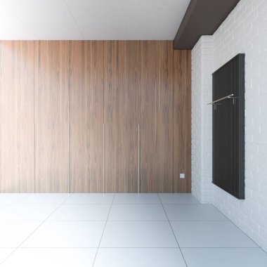 Beyaz duvar ve ahşap zemin 3d Render illüstrasyon şablon kompozisyon modern ışık boş loft Oda