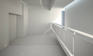Beyaz duvar ve ahşap zemin 3d Render illüstrasyon şablon kompozisyon modern ışık boş loft Oda