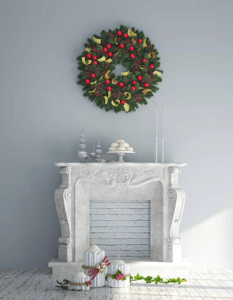 Composición Plantilla Interior Navidad Con Chimenea Calcetines Decoraciones Navideñas Corona —  Fotos de Stock