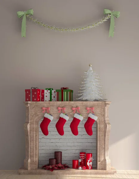 ソックス 休日の装飾 キャンドル クリスマス テンプレートの内部構成 木製の床が居心地の良い客室です レンダリング イラスト — ストック写真