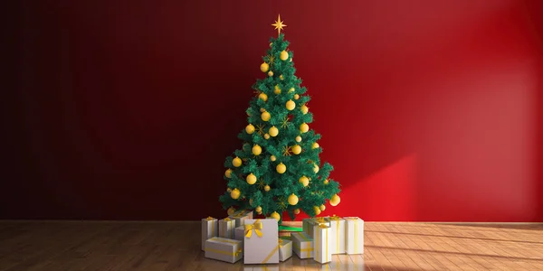 상자와 장식으로 크리스마스 인테리어 템플릿 바닥을 아늑한 방입니다 렌더링 일러스트 — 스톡 사진