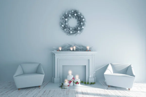クリスマス インテリア テンプレート成分暖炉 ソックス 休日の装飾 リース キャンドル ソファ 木製の床が居心地の良い客室です レンダリング — ストック写真