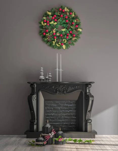 ソックス 休日の装飾 クリスマス テンプレートの内部構成のキャンドルします 木製の床が居心地の良い客室です レンダリング イラスト — ストック写真