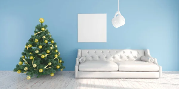 クリスマス インテリア テンプレート成分新年の食べる ギフト ボックス ソファ 休日の装飾 木製の床 居心地の良い部屋をフレームなしの空の図 レンダリング — ストック写真