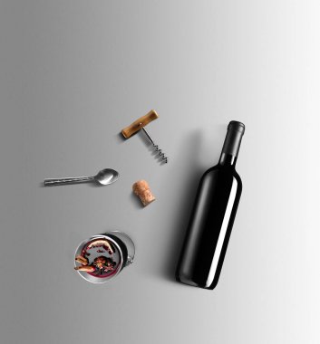 Mulled şarap tarifi Malzemeler ve mutfak aksesuarları, bir şişe kırmızı şarap, tarçın, Anason yıldız, turuncu, kahverengi bardaksoğuk baharat gri arka plan üzerinde.