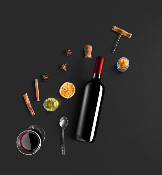 Receita Vinho Amontoado Ingredientes Acessórios Cozinha Garrafa Vinho Tinto Canela — Fotografia de Stock