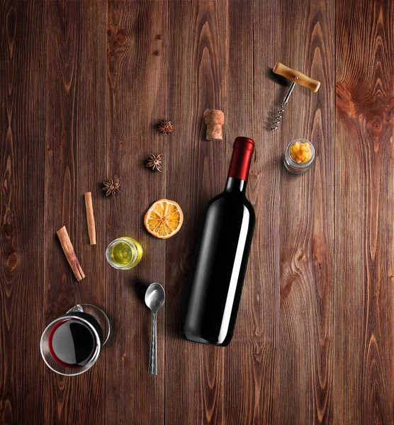 Glögg Vin Recept Ingredienser Och Kökstillbehör Flaska Rött Vin Kanel — Stockfoto