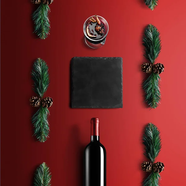 グリュー ワインのレシピの食材 キッチン アクセサリー 赤ワイン シナモン アニスの星 赤の背景にオレンジ色 茶色の砂糖とスパイスのボトル — ストック写真