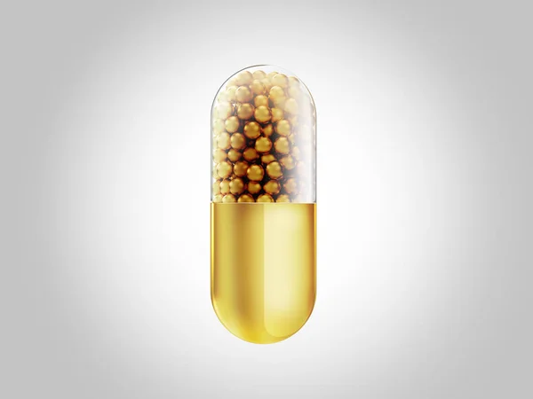 Gold medical pill capsule isolated on white background. 3D rendering illustration.