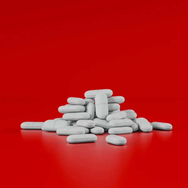 Different Pharmaceutical Medicine Pills Tablets Capsules Red Background Health Care — Stock Photo, Image