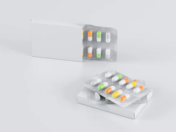 Packungsblister Mit Verschiedenen Farbigen Medikamenten Pillen Kapseln Auf Grauem Hintergrund — Stockfoto