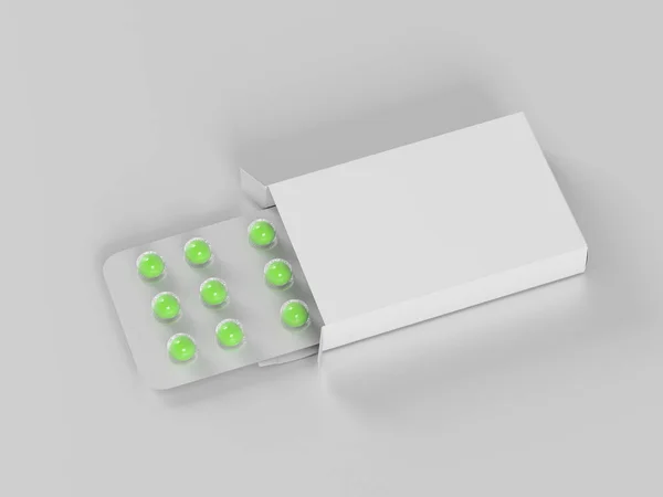 Csomag Buborékfólia Kerek Zöld Gyógyszerek Tabletták Szürke Háttér Sablont Render — Stock Fotó