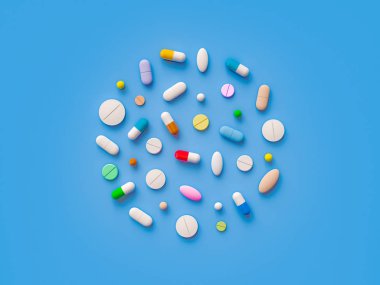 Mavi arka plan üzerinde dağınık parmaceutical tıp hapı tablet. Şablonu alay. Sağlık kavramı. 3D render illüstrasyon