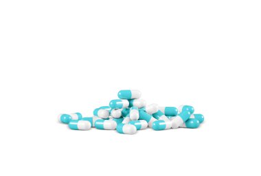 Farklı ilaç tıp hap, Tablet ve kapsüller beyaz arka plan üzerinde farklı renklerde. Sağlık kavramı. 3D render illüstrasyon.