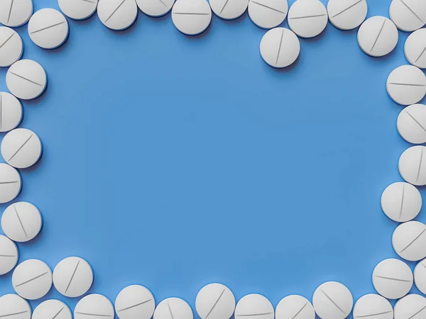 Rozproszone Parmaceutical Medycyna Tabletki Tabletki Niebieskim Tle Makiety Szablonu Pojęcie — Zdjęcie stockowe