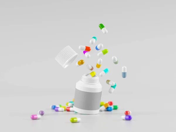 Verspreide Parmaceutical Geneeskunde Pil Tabletten Morsen Uit Witte Fles Lichtgrijze — Stockfoto