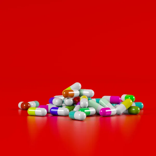 Inny Lek Farmaceutyczny Pigułki Tabletki Kapsułki Różnych Kolorach Czerwonym Tle — Zdjęcie stockowe