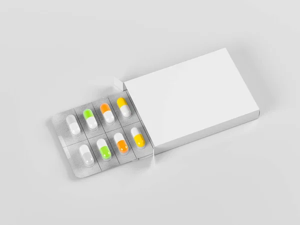 Csomag Buborékfólia Különböző Színű Gyógyszerek Tabletták Kapszula Szürke Háttér Sablont — Stock Fotó