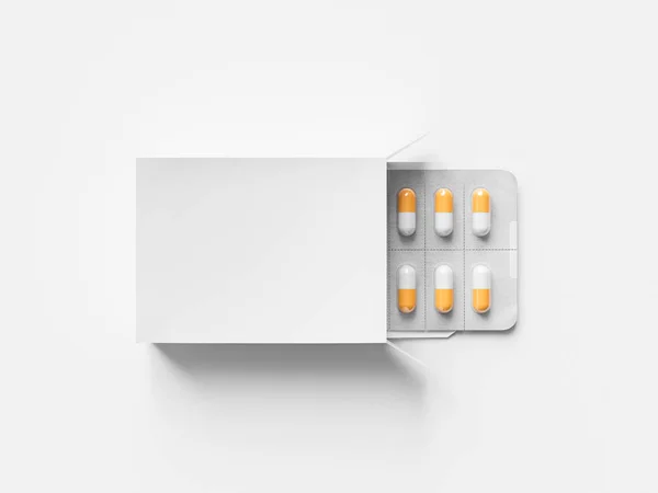 Paket Blister Ile Yuvarlak Beyaz Arka Plan Üzerinde Ilaçlar Hap — Stok fotoğraf