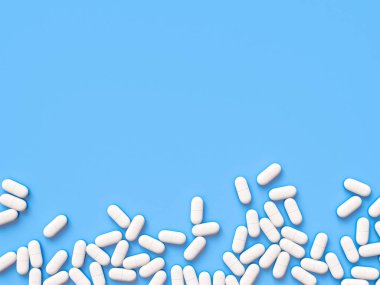Mavi arka plan üzerinde dağınık parmaceutical tıp hapı tablet. Şablonu alay. Sağlık kavramı. 3D render illüstrasyon