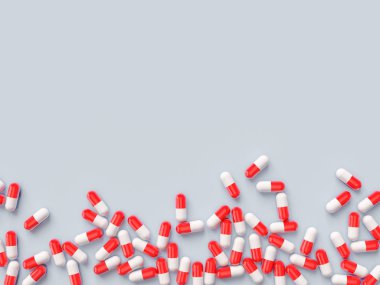 Mavi arka plan üzerinde dağınık parmaceutical tıp hapı tablet. Şablonu alay. Sağlık kavramı. 3D render illüstrasyon