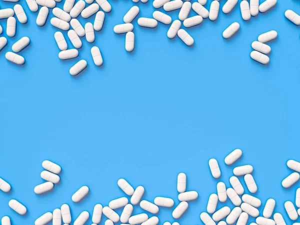 Rozproszone Parmaceutical Medycyna Tabletki Tabletki Niebieskim Tle Makiety Szablonu Pojęcie — Zdjęcie stockowe