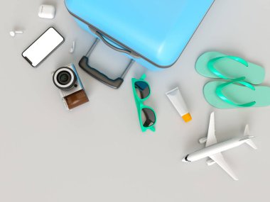 Güneş gözlüğü, terlik, şapka, güneş kremi, telefon ile Bavul bir