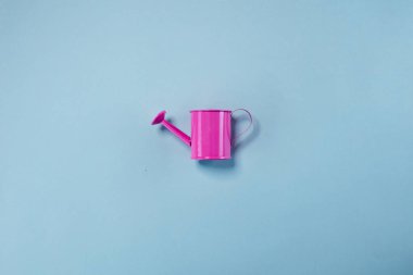 Pembe bayan pastel mavi arka plan üzerinde yalan. Minimal yaz konsepti.