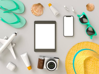 Güneş gözlüğü, terlik, şapka, güneş kremi, telefon ile Bavul bir