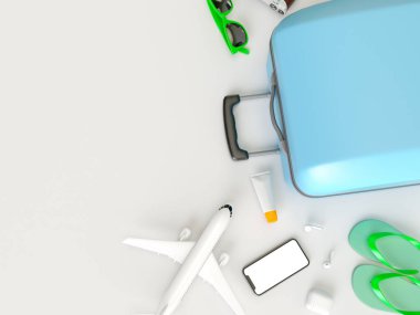 Mockups ve flatlay tarzı için farklı seyahat şeyler. 3d model render görselleştirme illüstrasyon