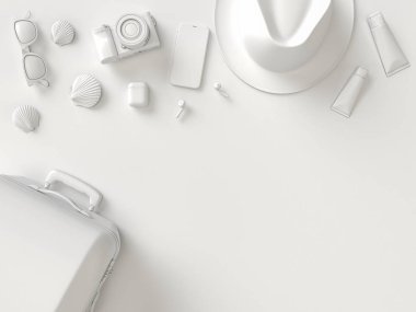 Mockups ve flatlay tarzı için farklı seyahat şeyler. 3d model render görselleştirme illüstrasyon