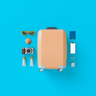 Mockups ve flatlay tarzı için farklı seyahat şeyler. 3d model render görselleştirme illüstrasyon