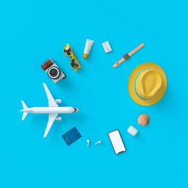Mockups ve flatlay tarzı için farklı seyahat şeyler. 3d model render görselleştirme illüstrasyon