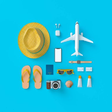 Mockups ve flatlay tarzı için farklı seyahat şeyler. 3d model render görselleştirme illüstrasyon