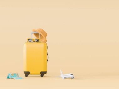 Mockups ve flatlay tarzı için farklı seyahat şeyler. 3d model render görselleştirme illüstrasyon