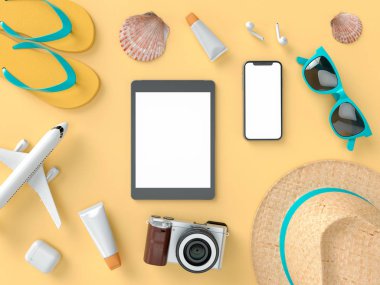 Mockups ve flatlay tarzı için farklı seyahat şeyler. 3d model render görselleştirme illüstrasyon